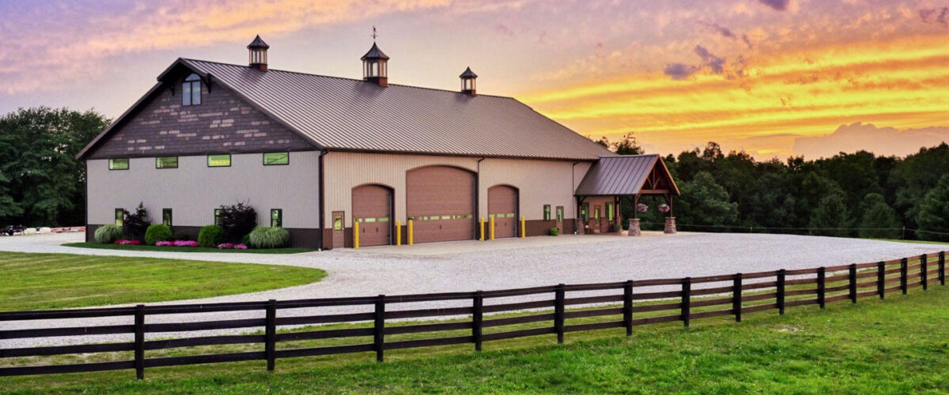 Premium equestrian and storage facility at sunset.