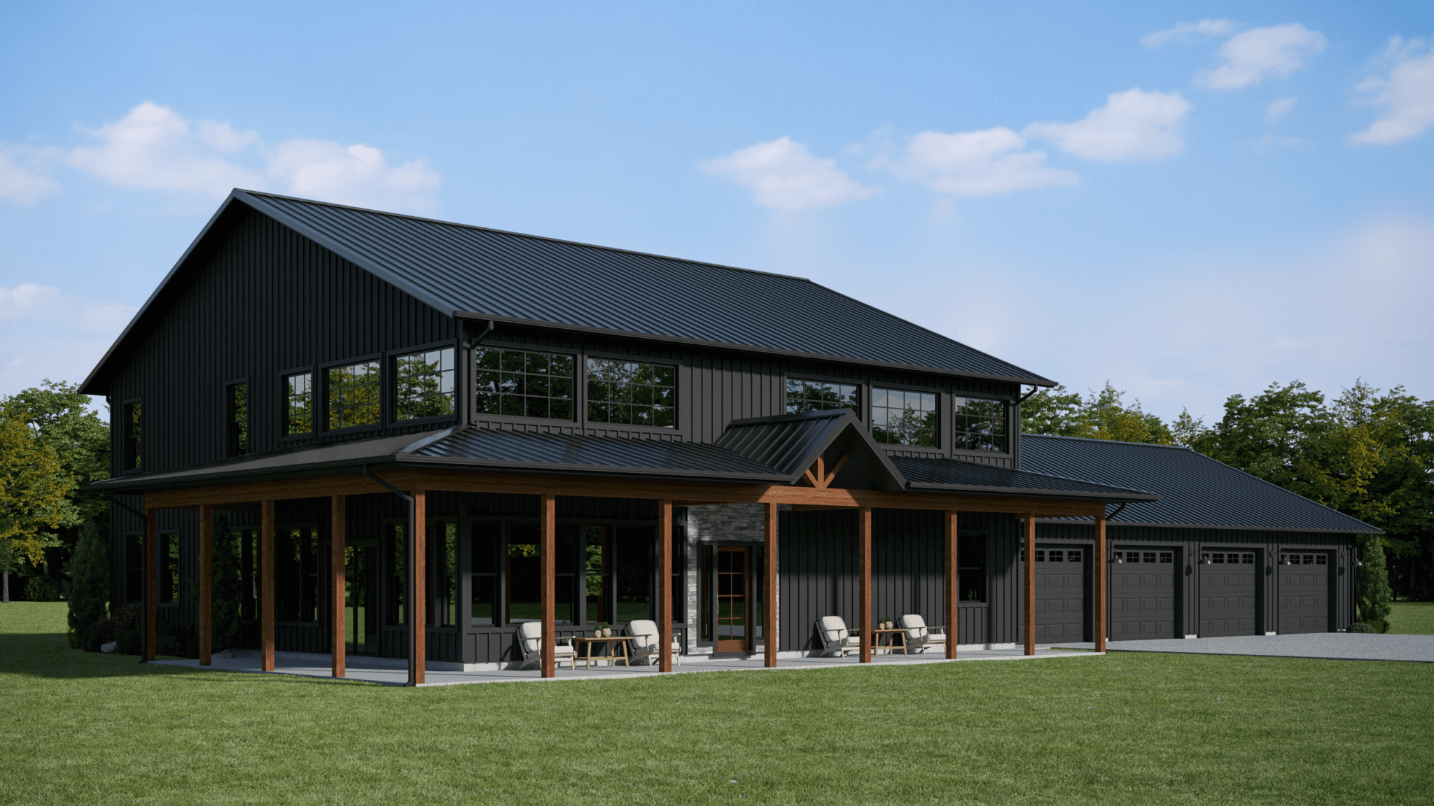 Large, black two-story barndominium featuring a wraparound porch and an attached multi-car garage.