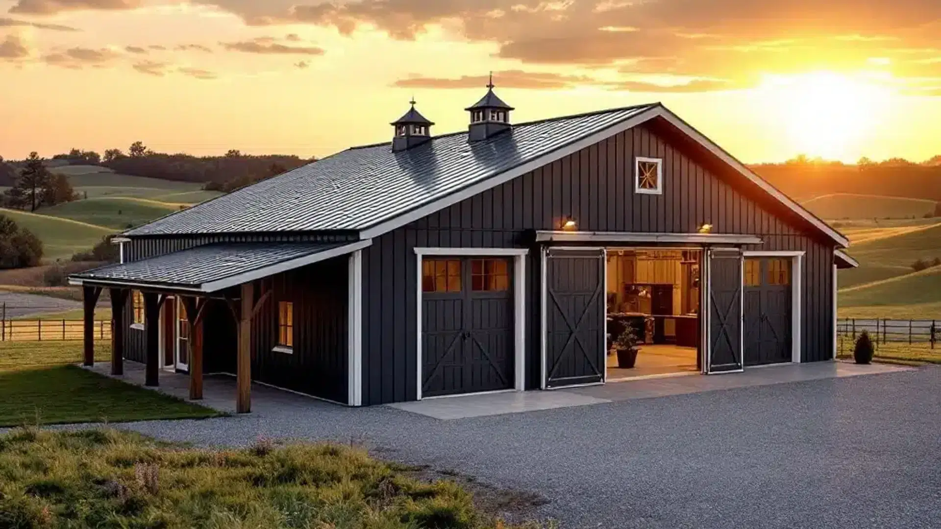 Dark grey barndominium at sunset featuring large sliding barn doors and roof cupolas.