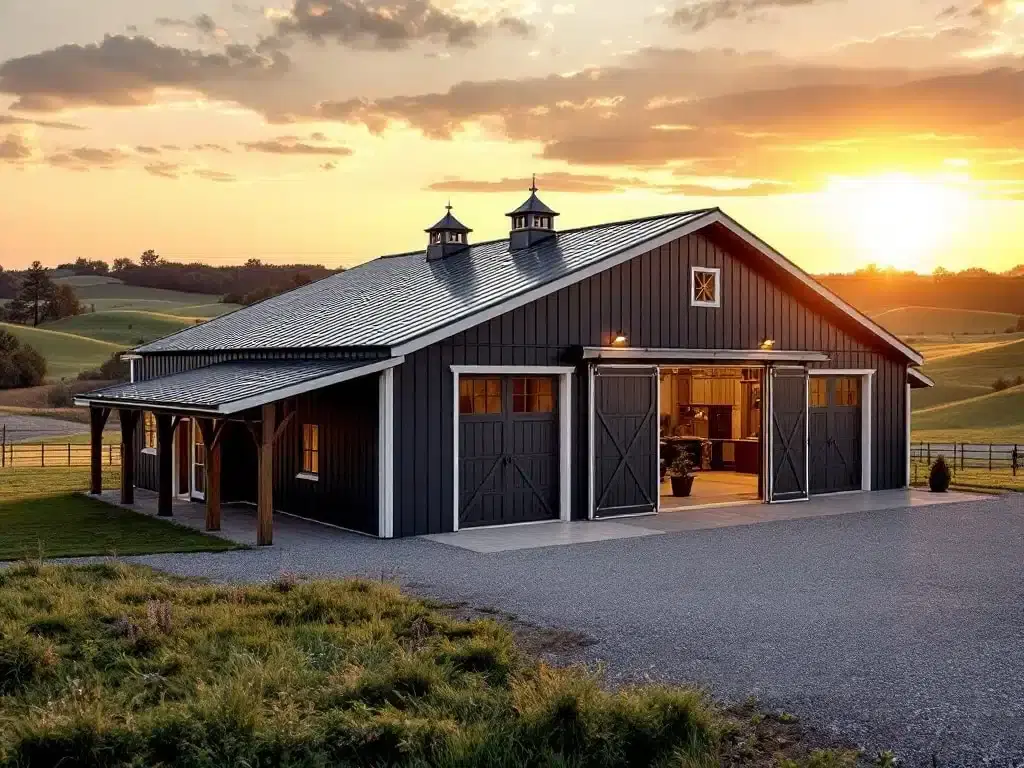 Dark grey barndominium at sunset featuring large sliding barn doors and roof cupolas.